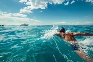 man swimming in the ocean with a rescue boat in the backround