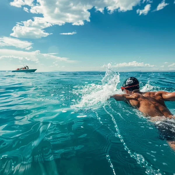 man swimming in the ocean with a rescue boat in the backround