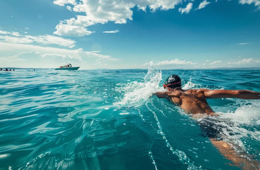 swimmR - We Are Swimming 89 man swimming in the ocean with a rescue boat in the backround