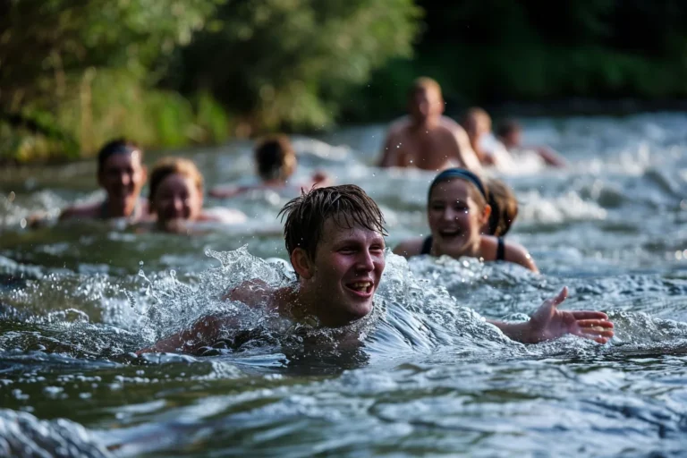 friends swimming in the river