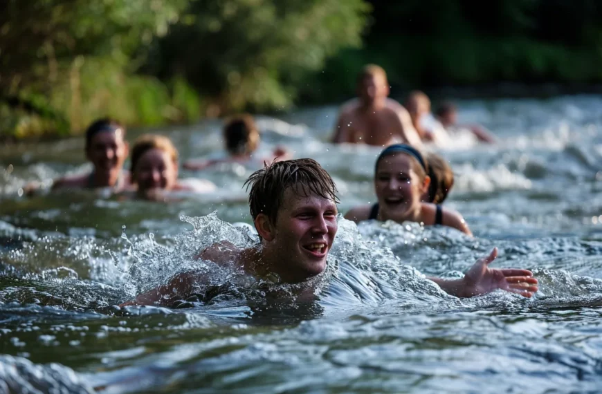friends swimming in the river