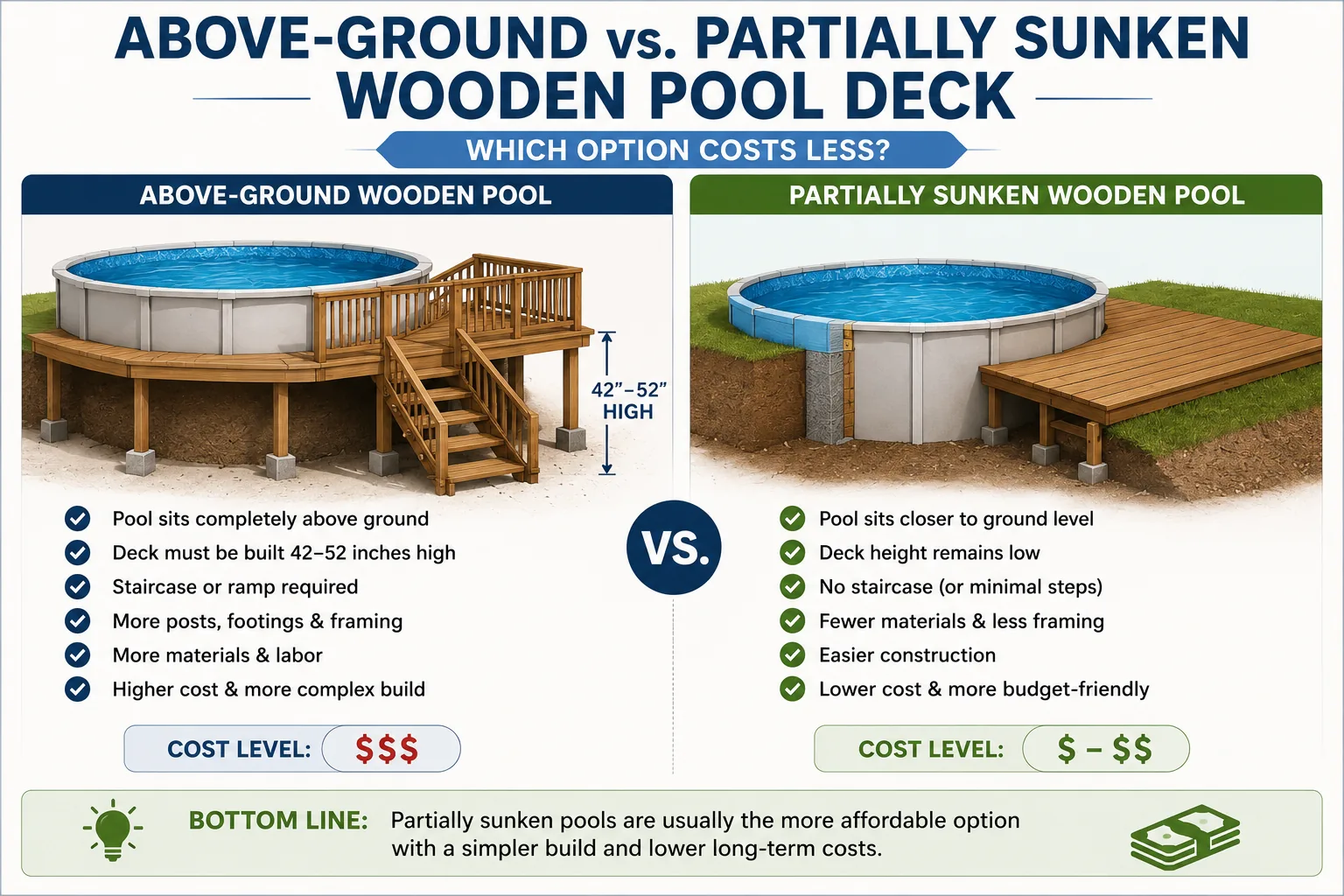 Above-ground vs partially sunken wooden pool deck height and cost comparison