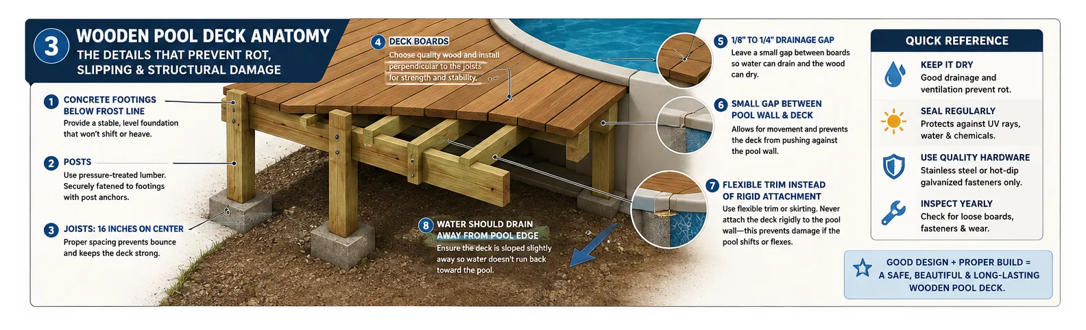 Wooden pool deck anatomy: footings, joists, drainage gap and flexible trim
