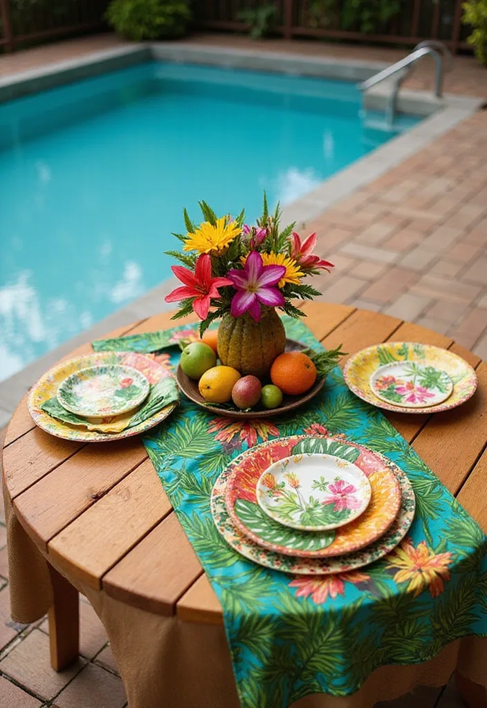15 Creative Wooden Pool Deck Decorating Ideas for Summer 5 15 Creative Ways to Decorate Your Wooden Pool Deck for Summer Parties (Your Friends Will Love #8!) - 4. Tropical Themed Table Settings
