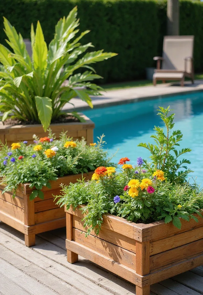 15 Creative Wooden Pool Deck Decorating Ideas for Summer 6 15 Creative Ways to Decorate Your Wooden Pool Deck for Summer Parties (Your Friends Will Love #8!) - 5. Planter Boxes with Lush Greens