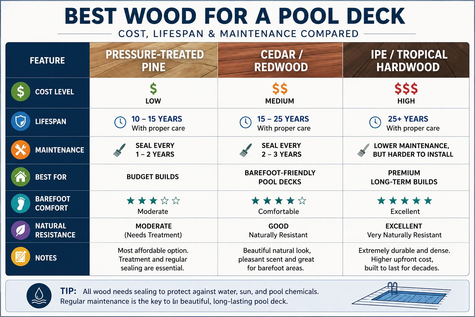 Wooden pool deck wood comparison: pressure-treated pine vs cedar vs ipe cost and lifespan