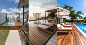 wooden pool deck ideas, photo collage